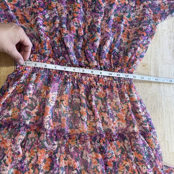 Lavender Brown Dress Smocked Long Sleeves Elastic Waist Tiered Floral Medium EUC - Picture 11 of 15